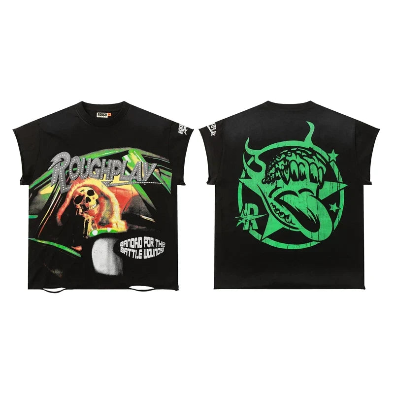 Rough Play "Bandaid for the Battle Wounds" Driving Skeleton Graphic Sleeveless Tee